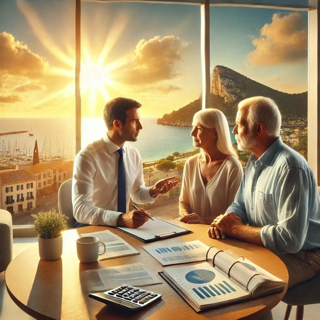 Financial advisor discussing charts with a mature couple by a seaside window at sunset.