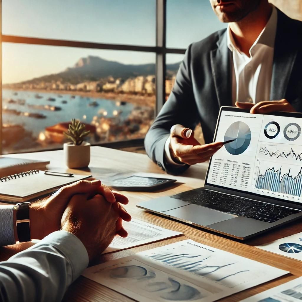 Two professionals discussing graphs and charts displayed on a laptop in an office overlooking a coastal city view.